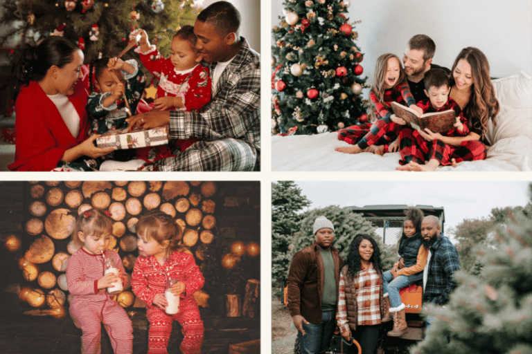 Collection of families and children posing in front of Christmas trees
