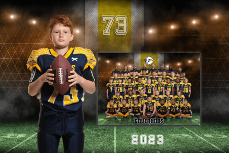 A football player smiling with his team for a group photo in a memory mate