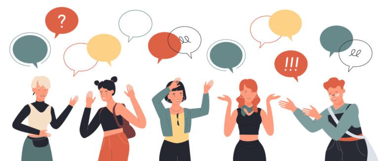 People talk in an illustrated image to demonstrate social media