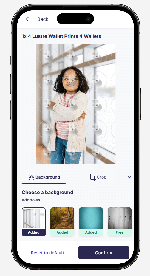 Background selection on the GotPhoto online shop 2025 edition mobile