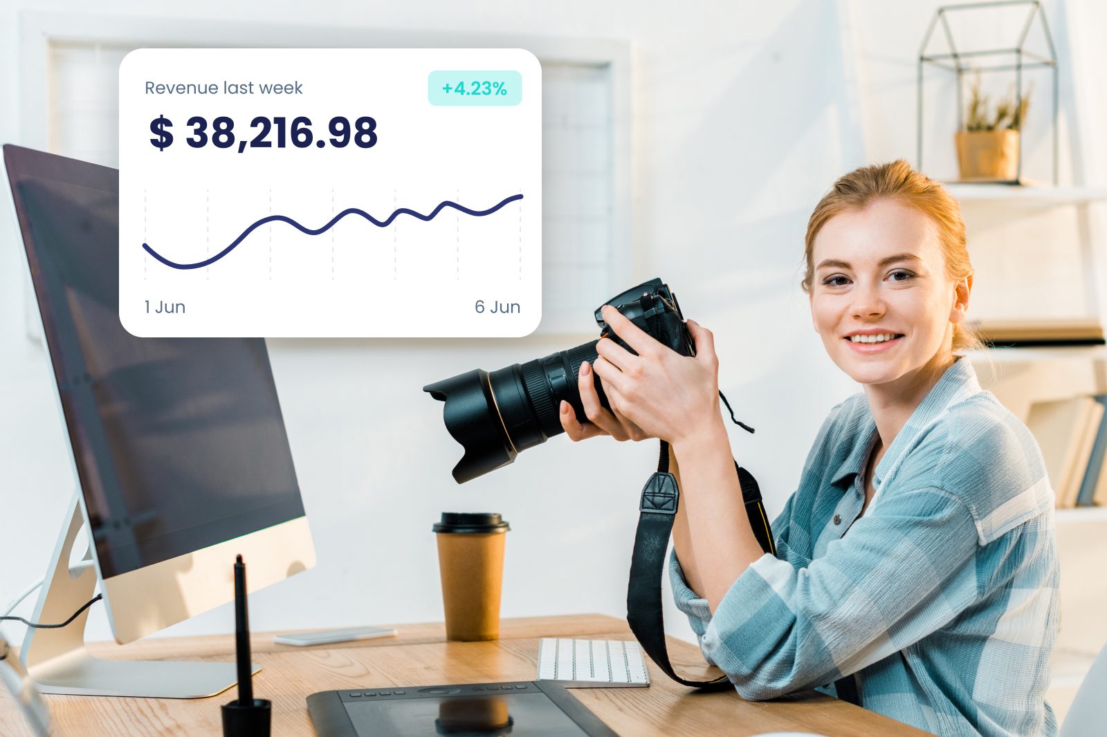 smiling female photographer in front of her computer with a camera in hand and an overlay of our user dashboard showing her revenue from the previous week