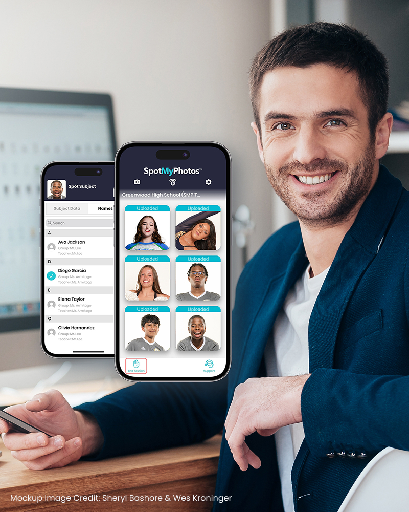relaxed photographer sitting at his desk with a mockup of an iphone showing the spotmyphotos app that saved the photographer time